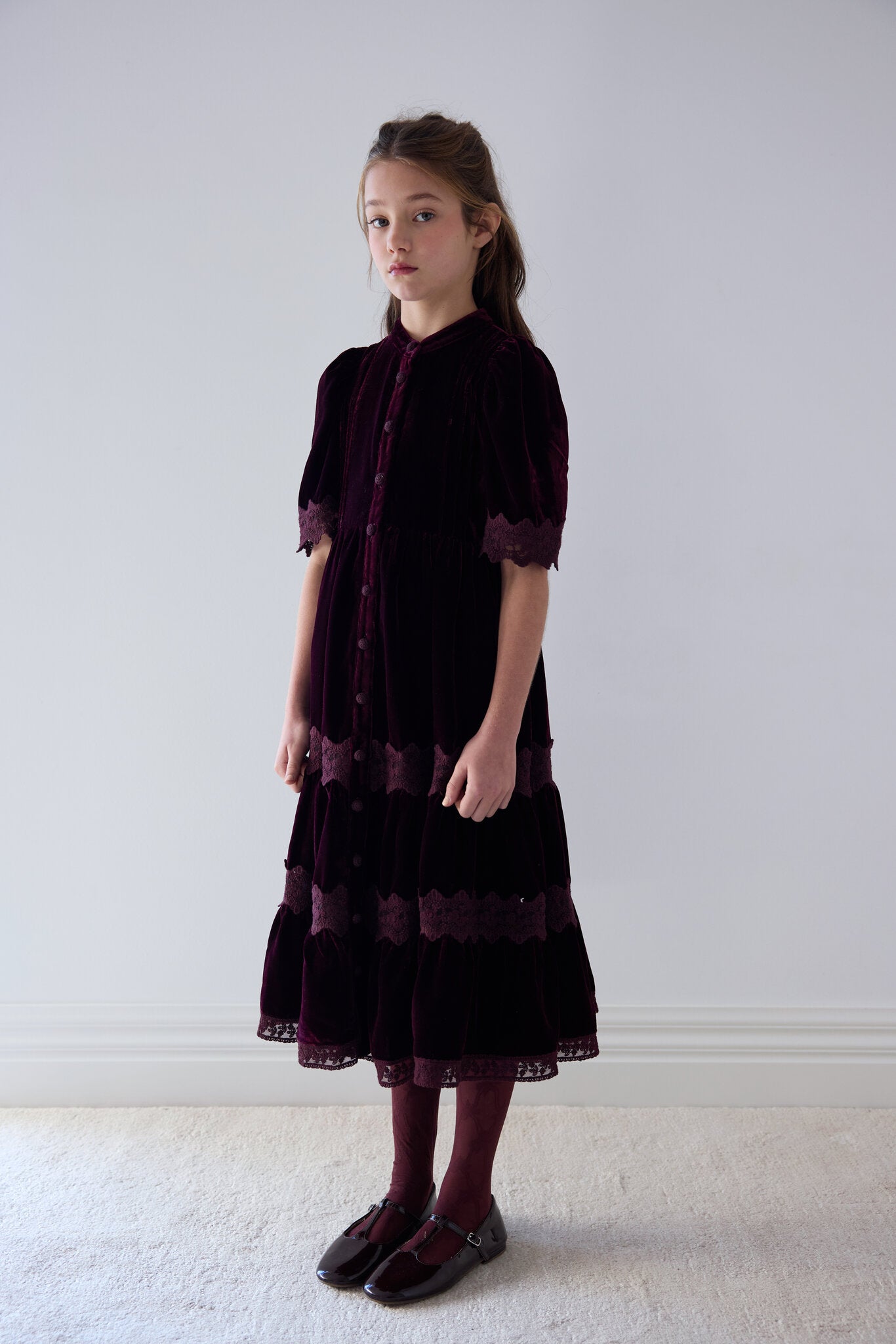 Dark Cherry Lace Trim Velvet Shirt Dress