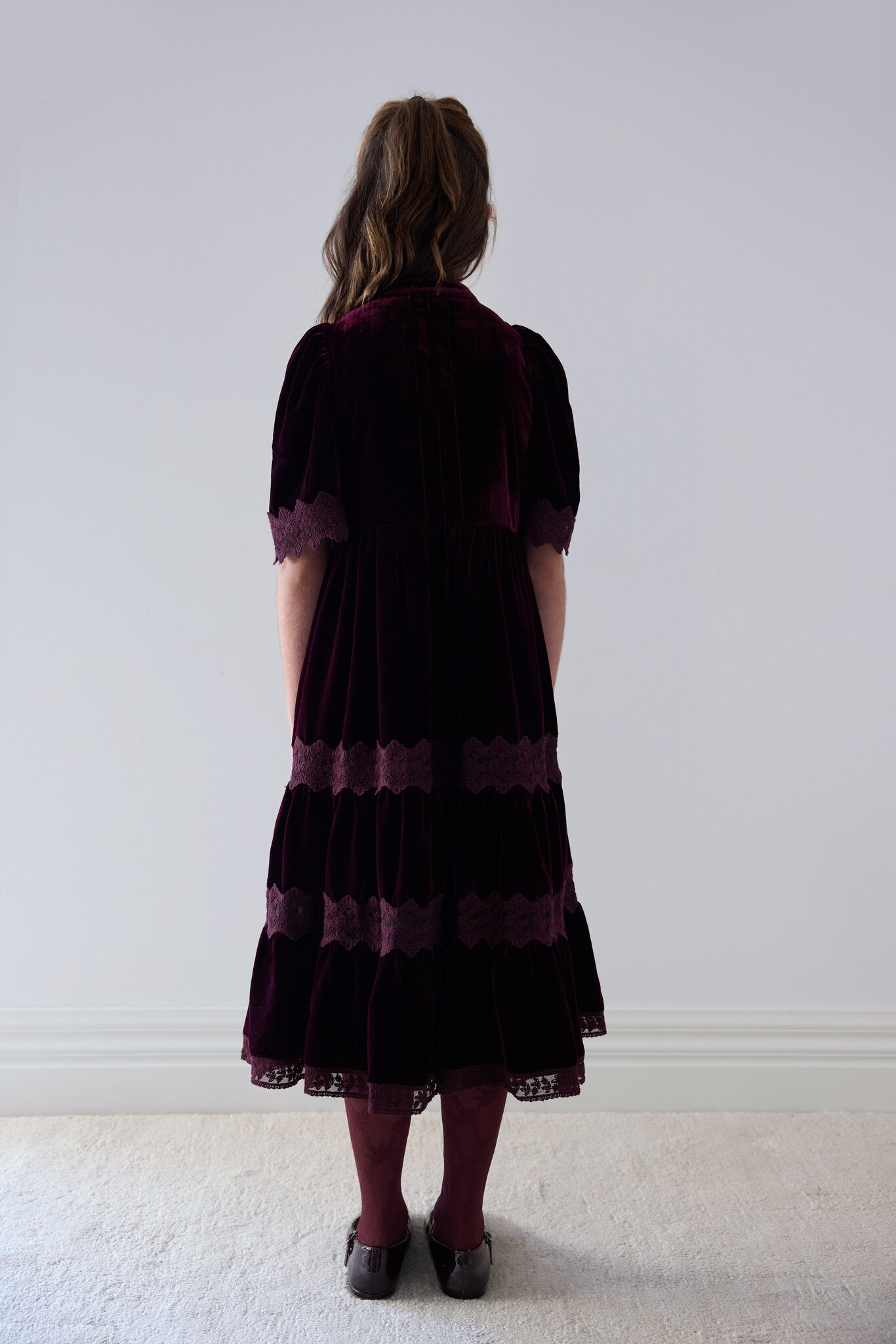 Dark Cherry Lace Trim Velvet Shirt Dress