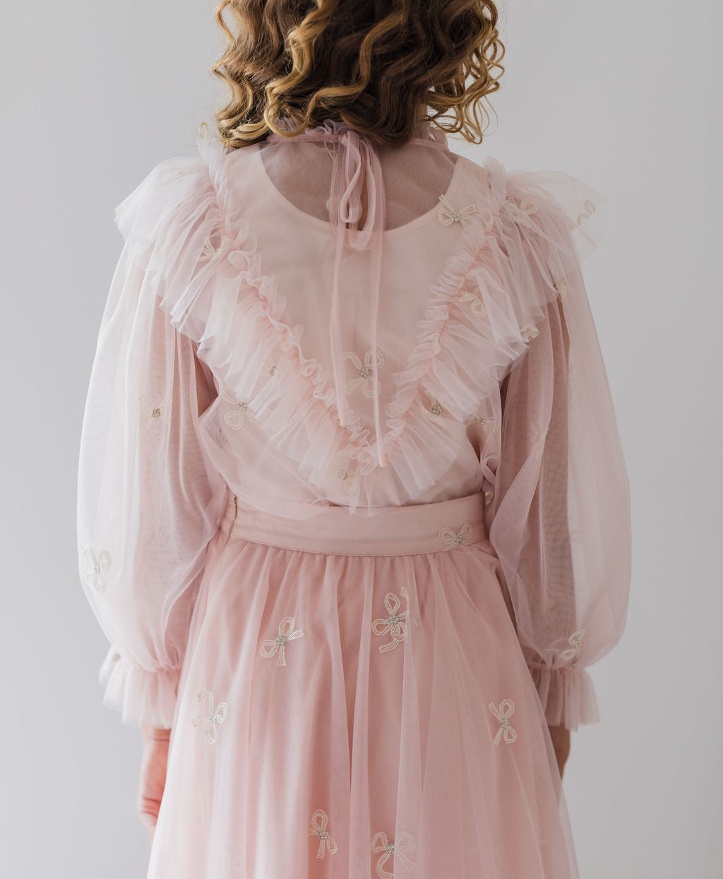 Embroidered Bow Tulle Blouse