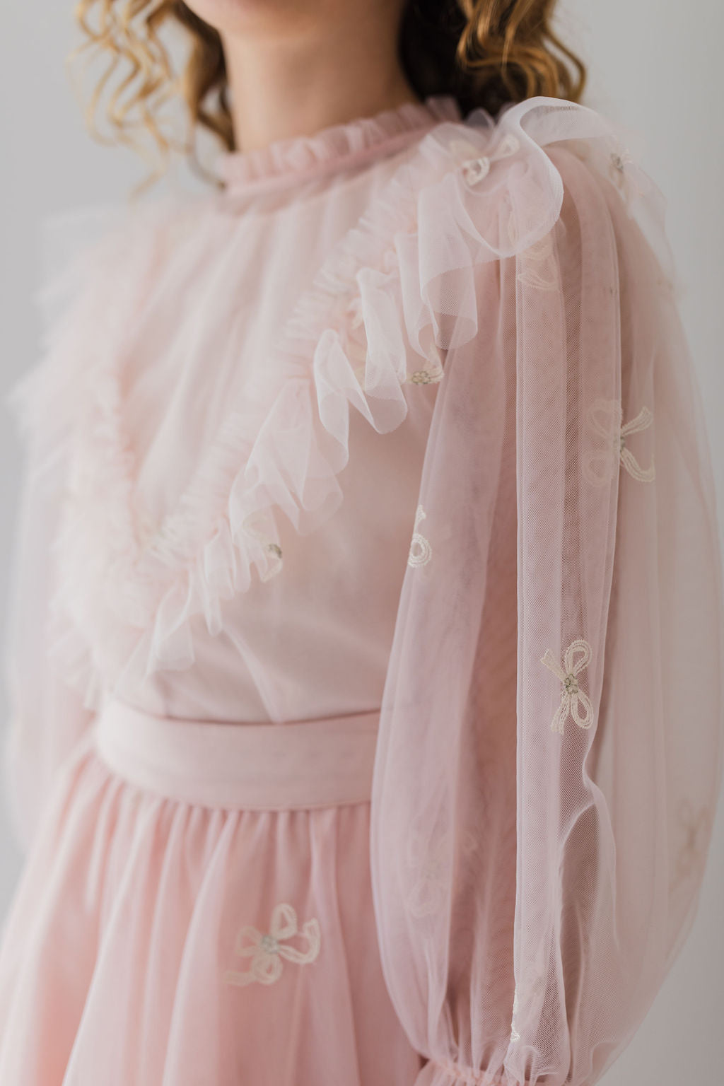 Embroidered Bow Tulle Blouse