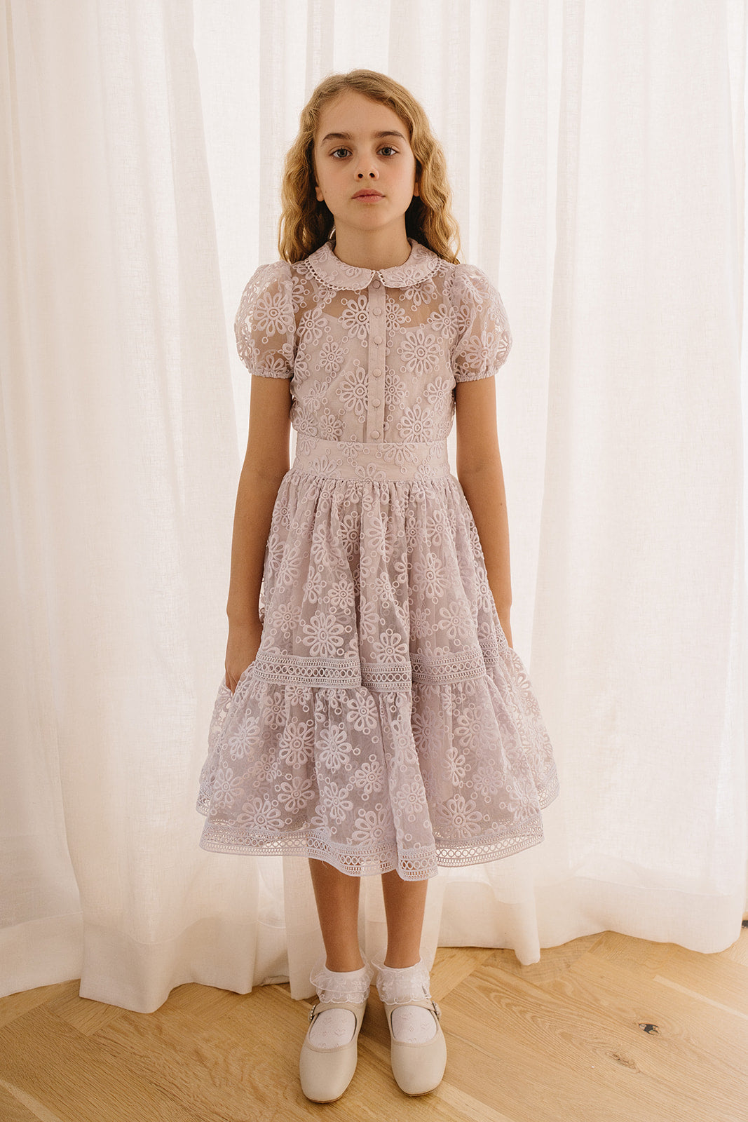 Lilac Embroidered Organza Button Blouse