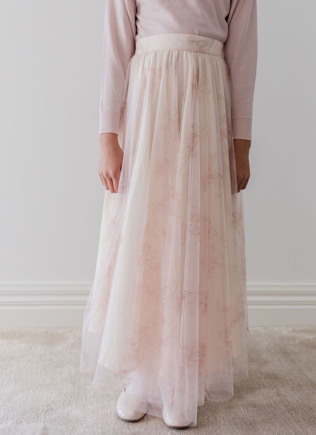 Blush Orchid Print Tulle Ruffle Blouse