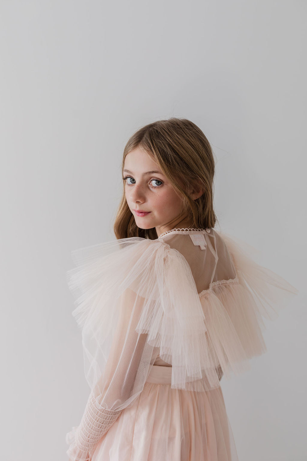 Blush Orchid Print Tulle Ruffle Blouse