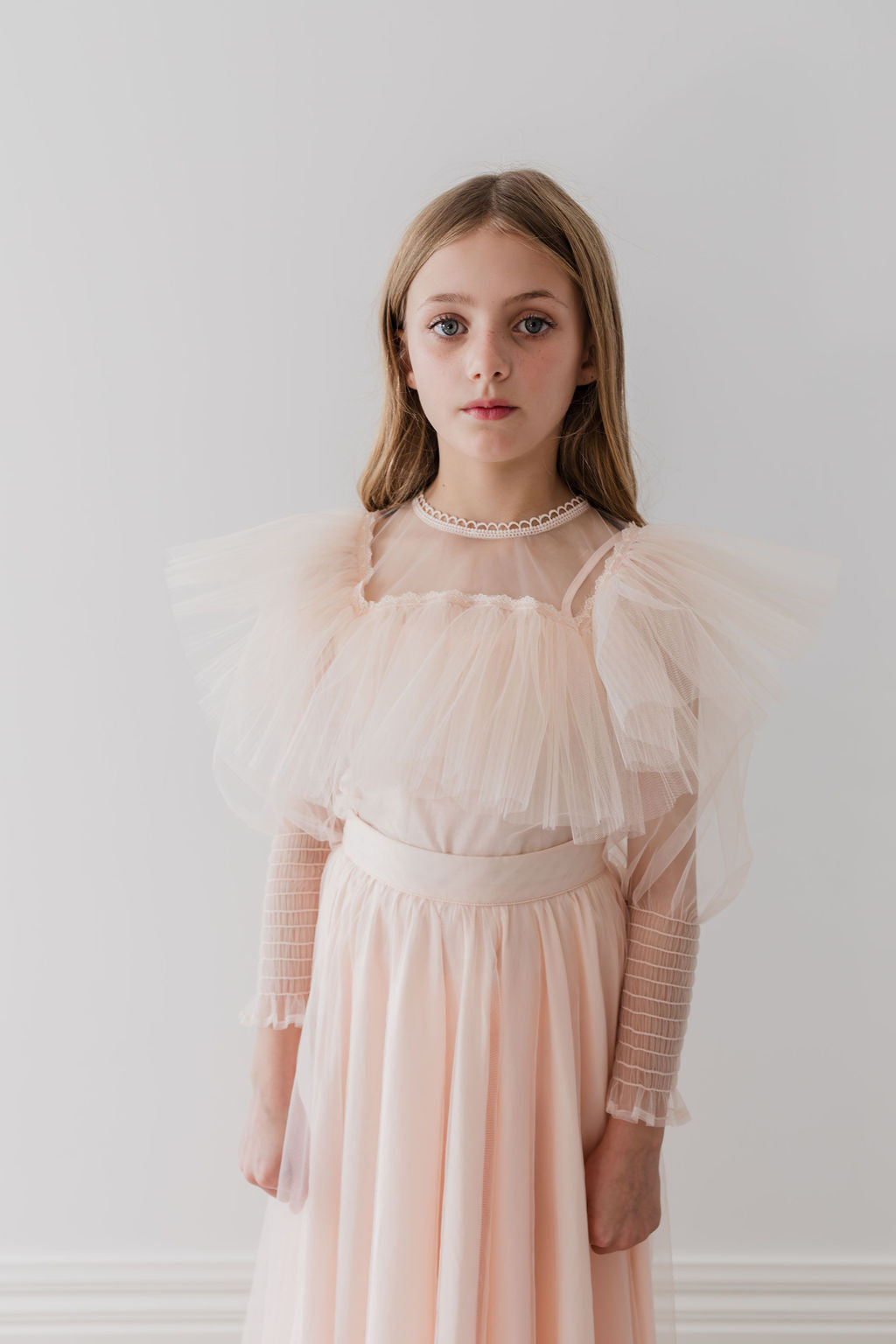 Blush Orchid Print Tulle Ruffle Blouse