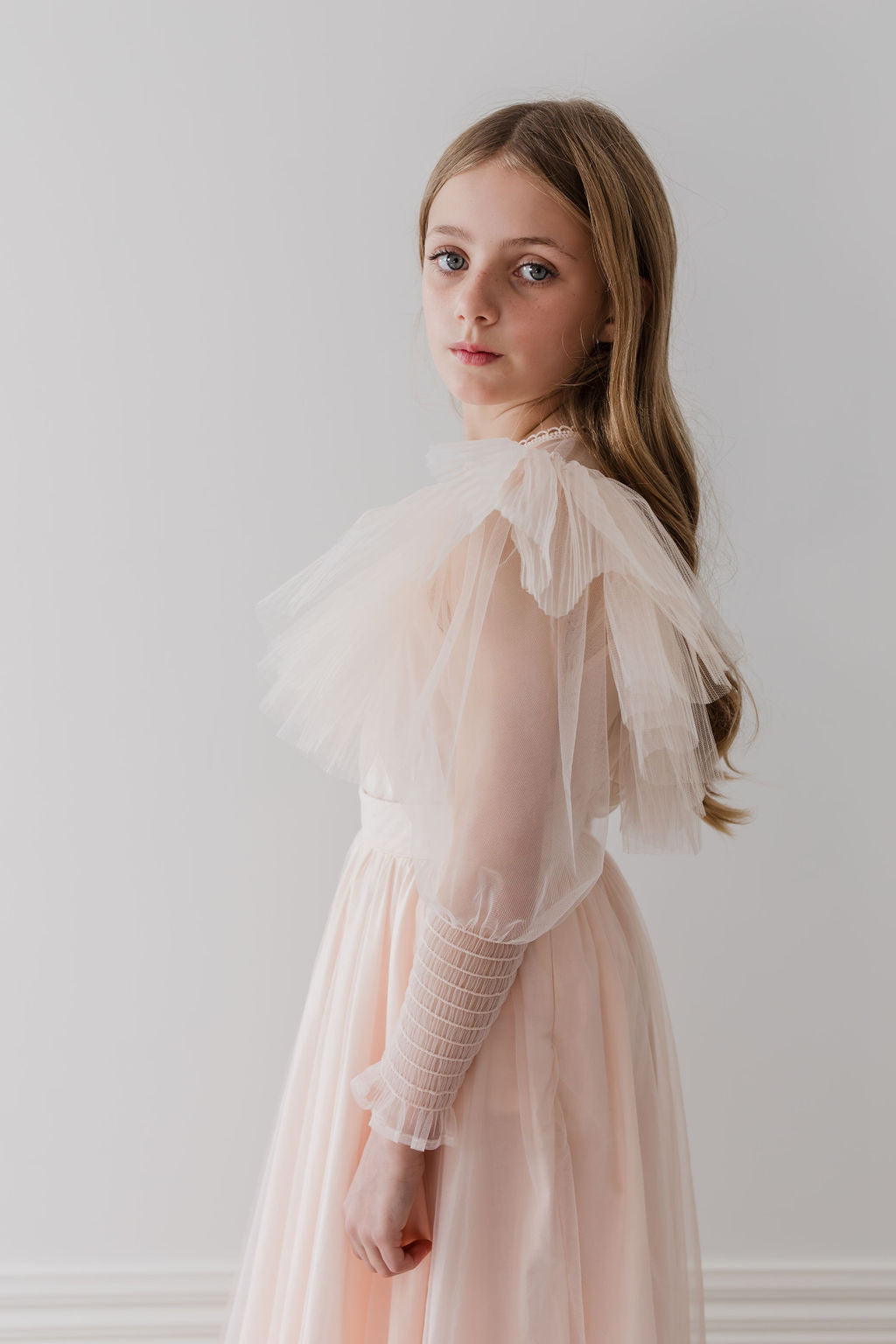 Blush Orchid Print Tulle Ruffle Blouse