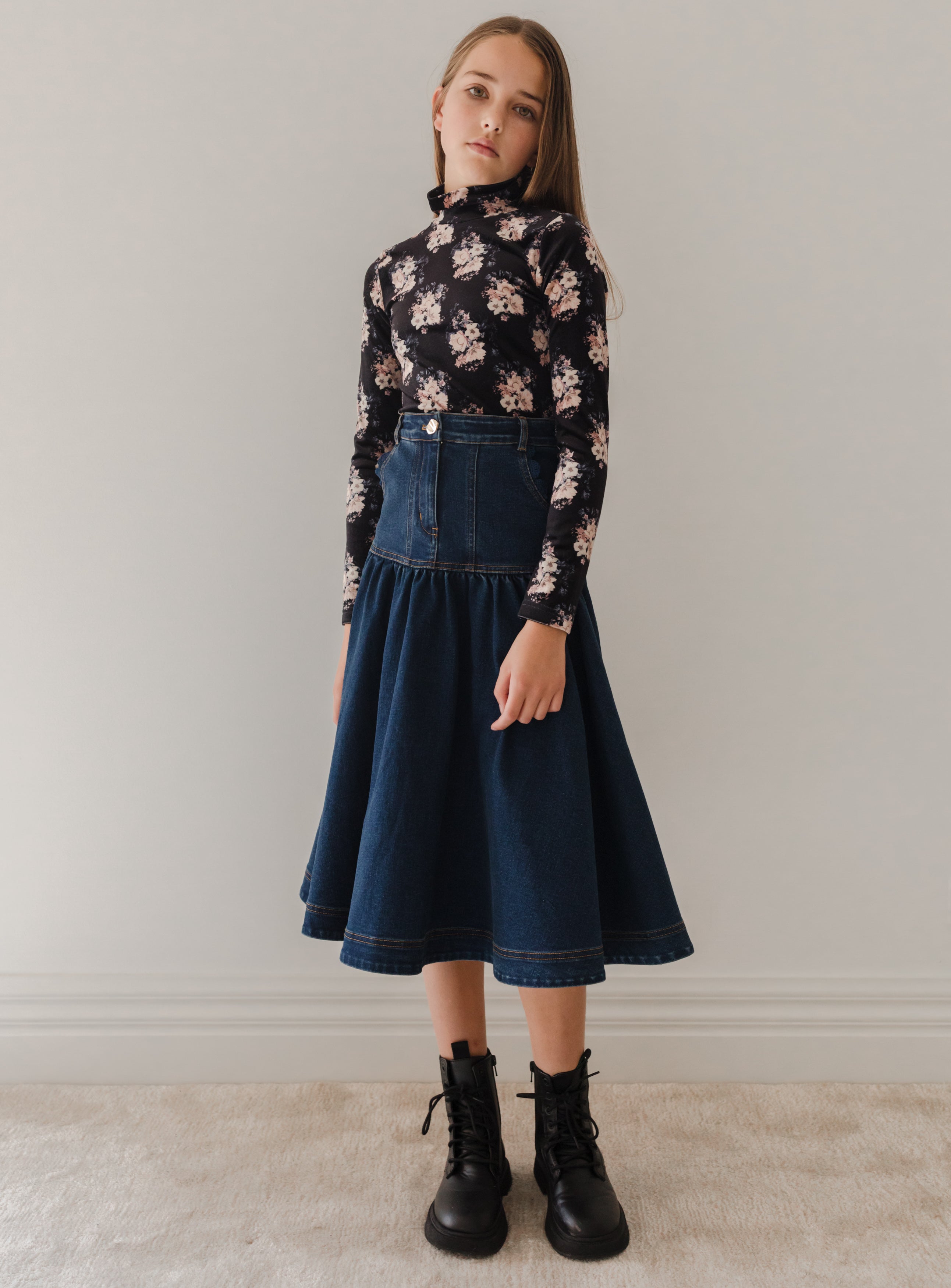 Long Denim Skirt with Lace Pockets