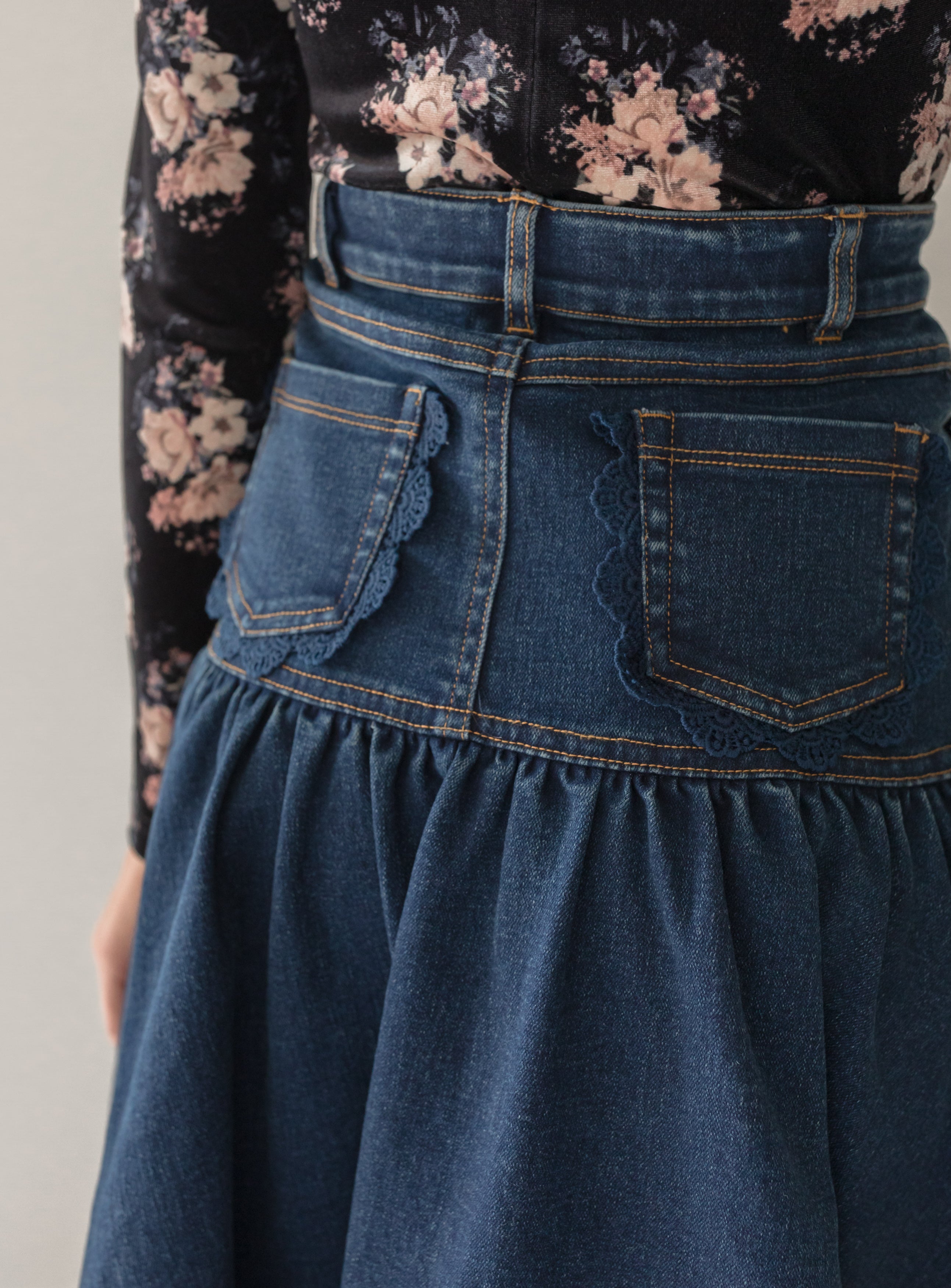 Long Denim Skirt with Lace Pockets