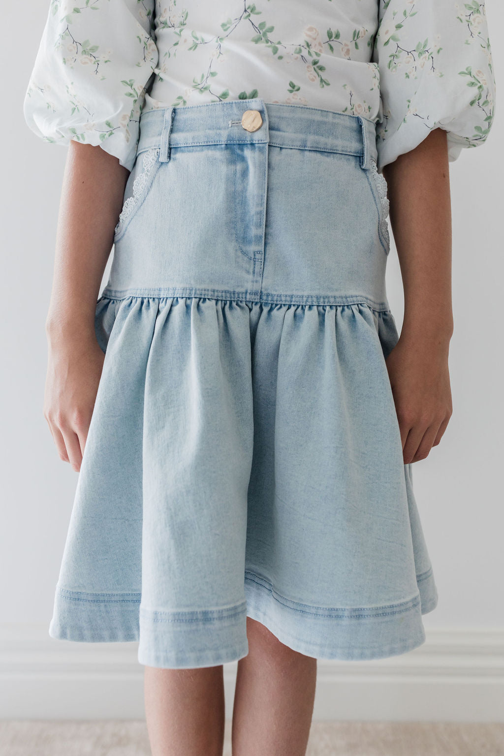 Peep Lace Trim Denim Skirt