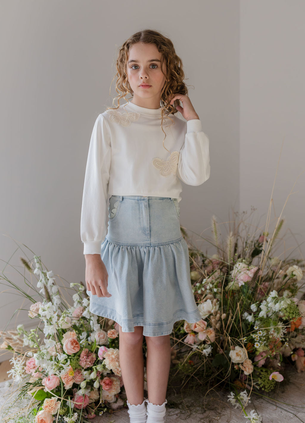 Peep Lace Trim Denim Skirt