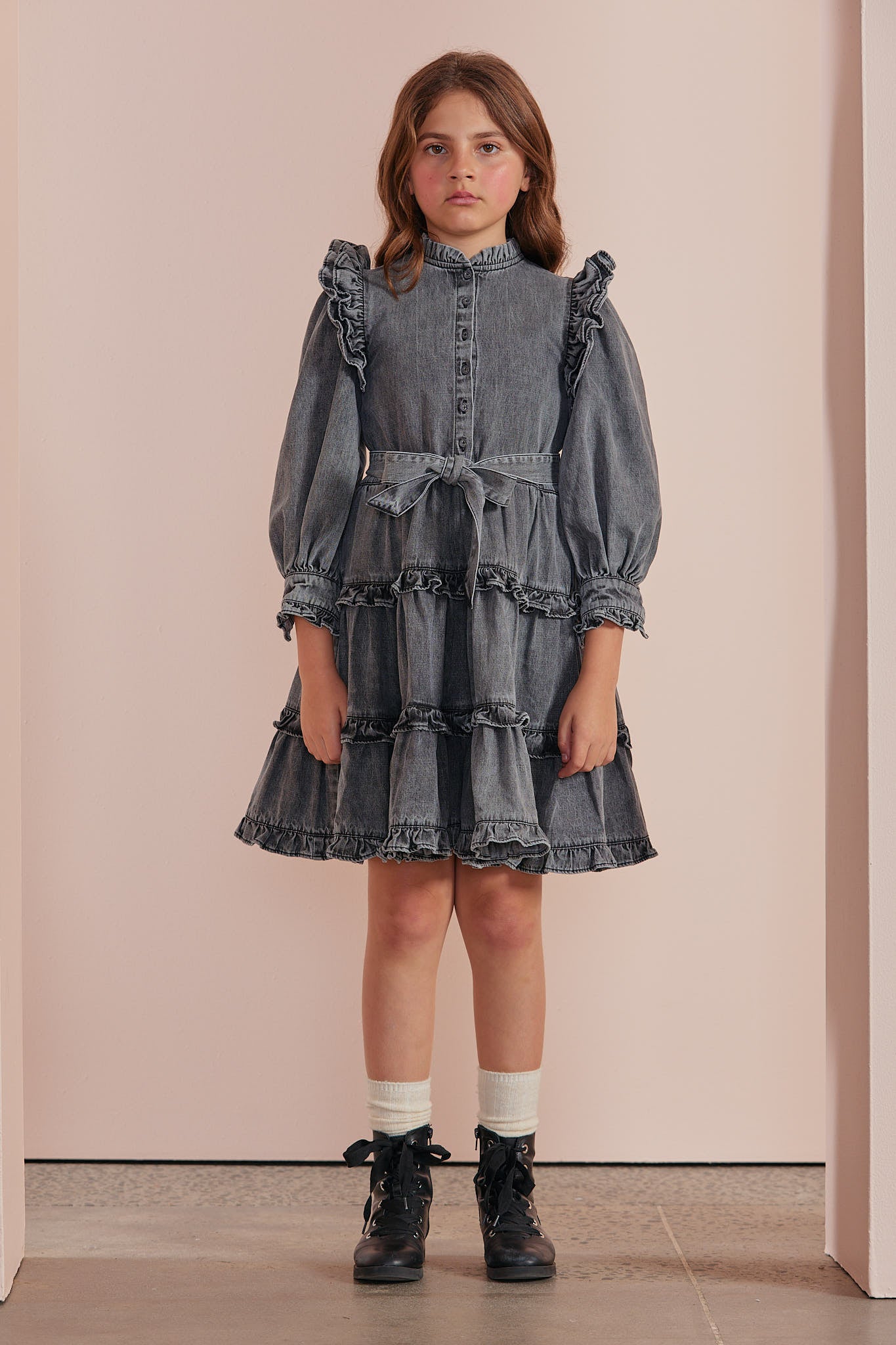 Chambray Frill Sleeve Dress