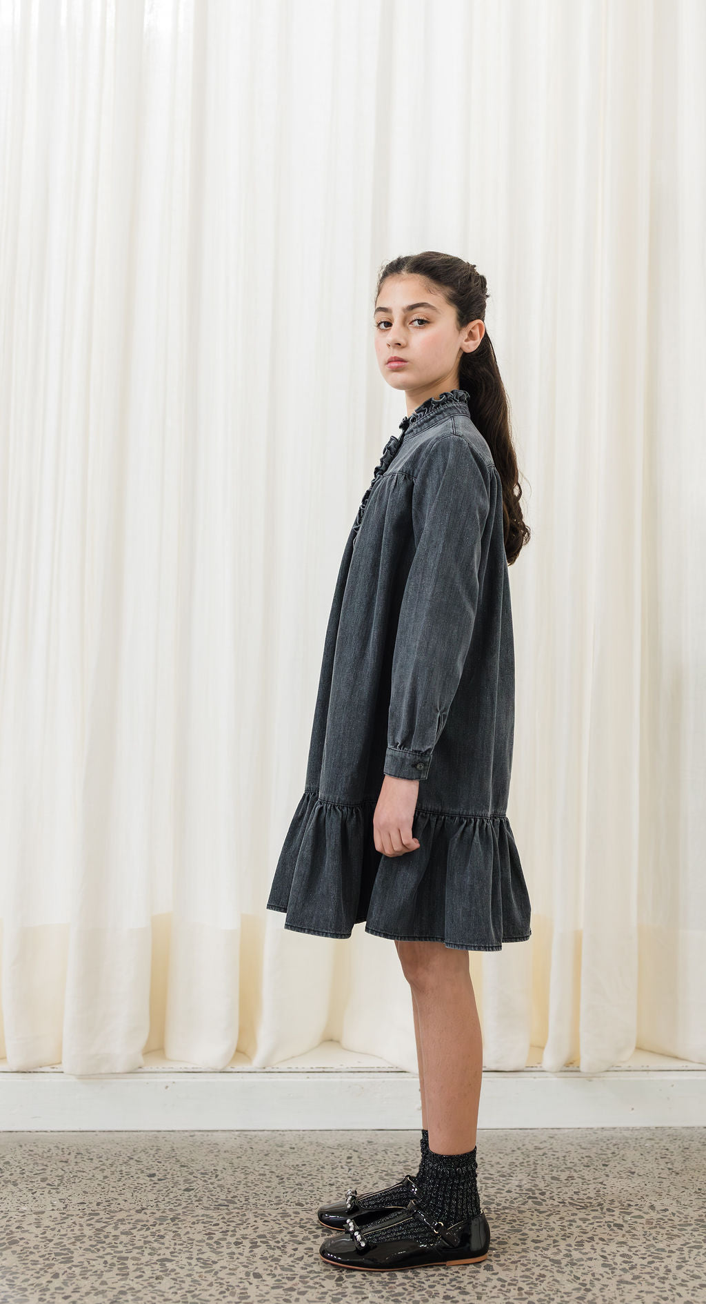 Chambray Ruffle Neck Dress