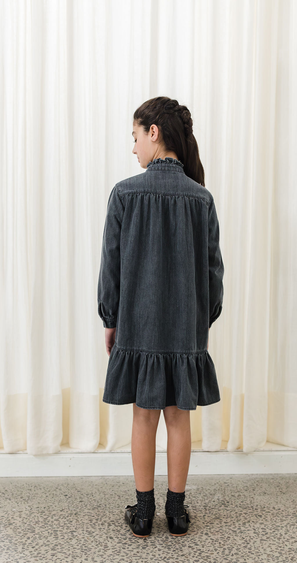 Chambray Ruffle Neck Dress