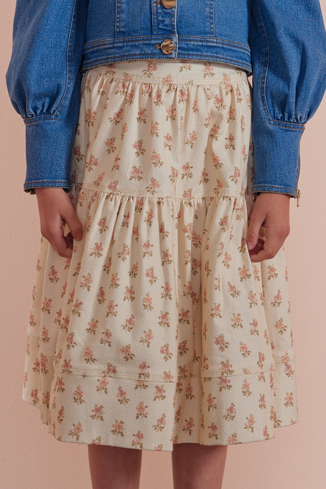 Cream Printed Denim Skirt