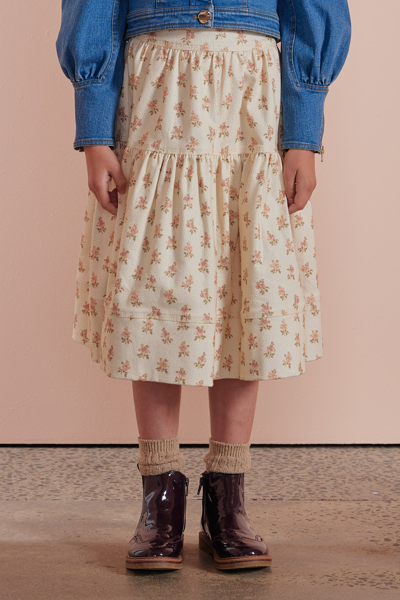 Cream Printed Denim Skirt