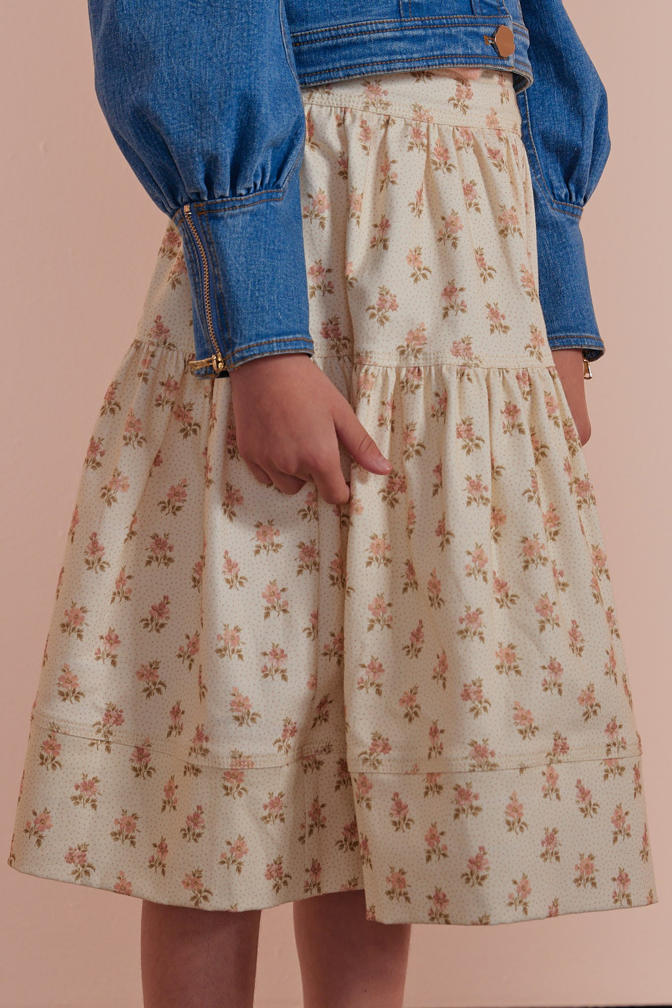 Cream Printed Denim Skirt