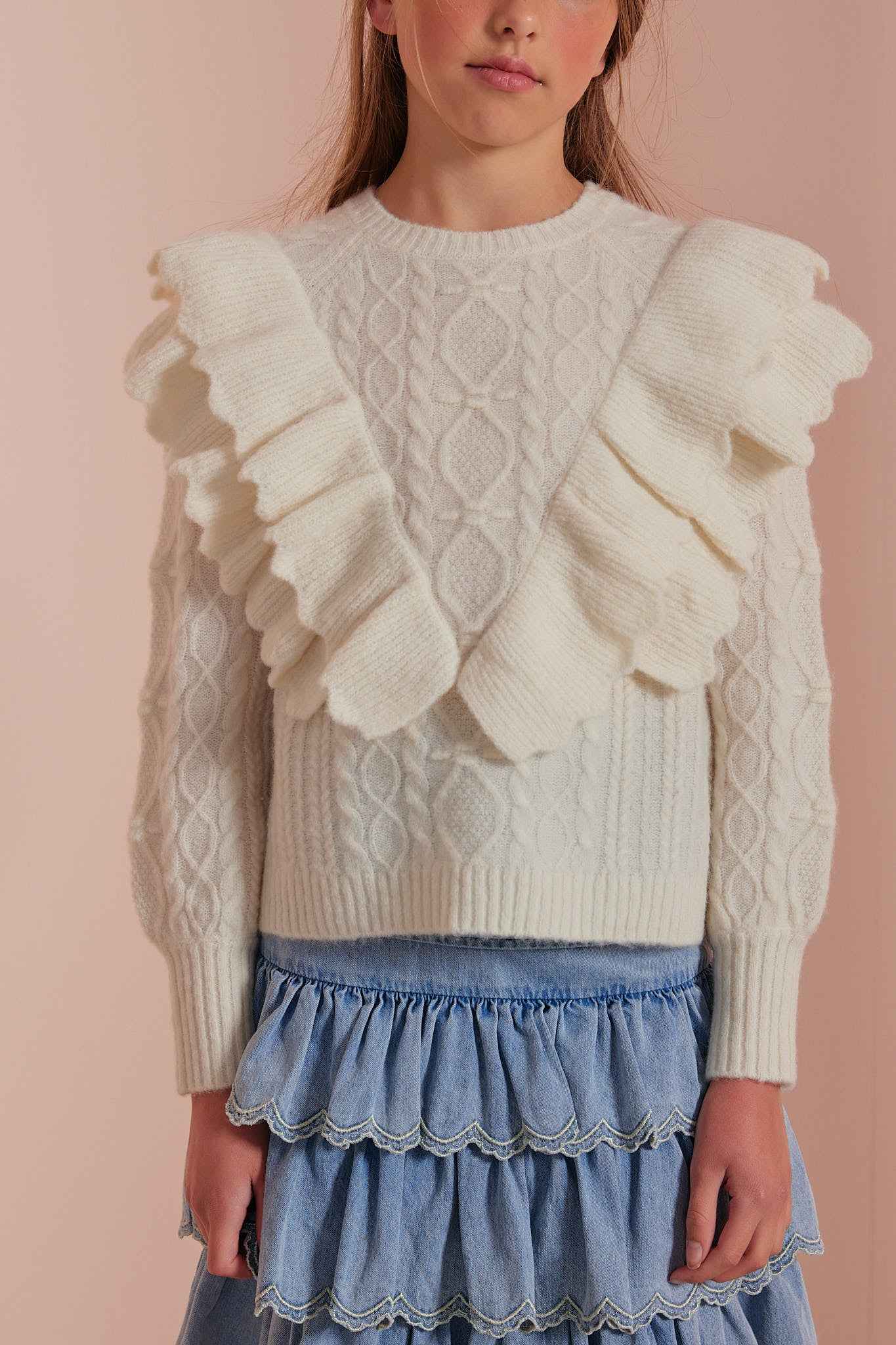 Ruffle Front Cable Knit Sweater