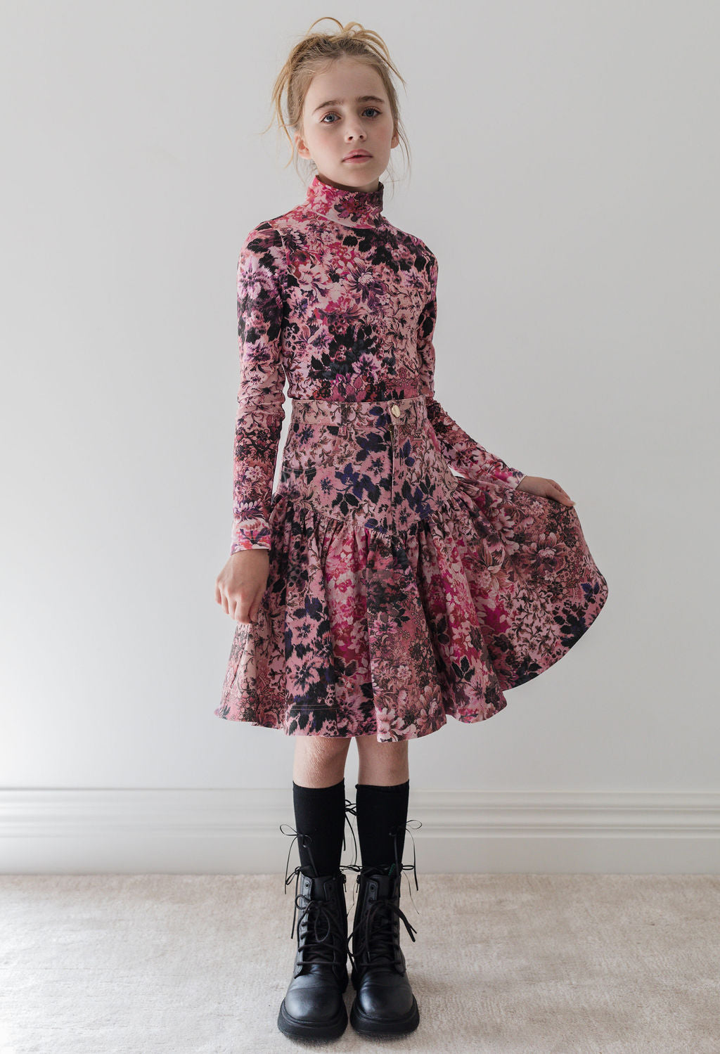 Blurred Floral Denim Skirt