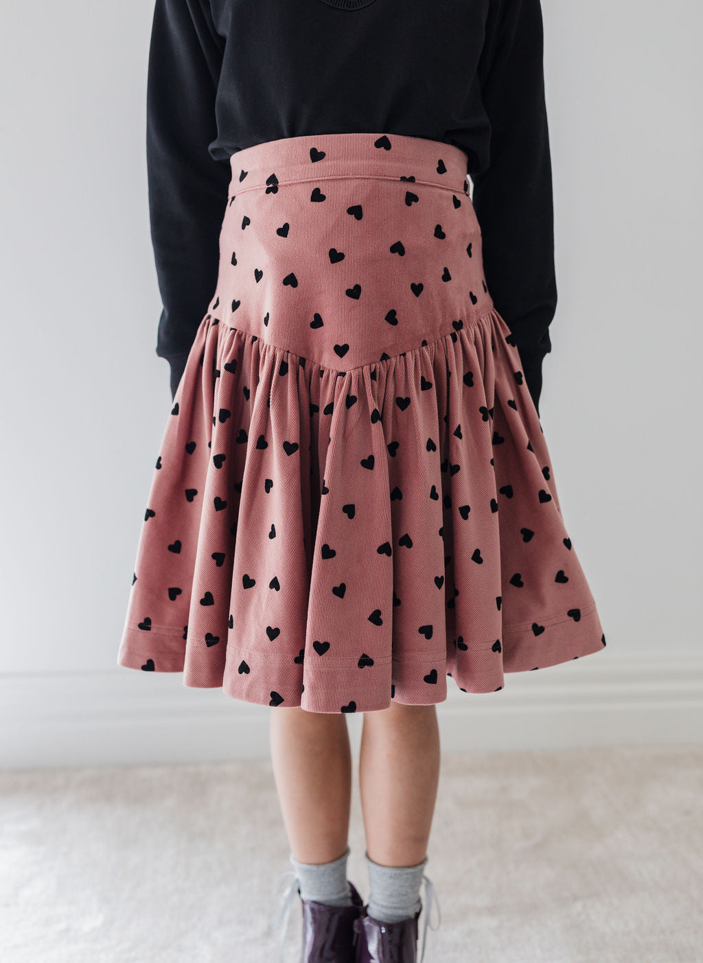 Berry Cord Skirt with Black flocked Lovehearts