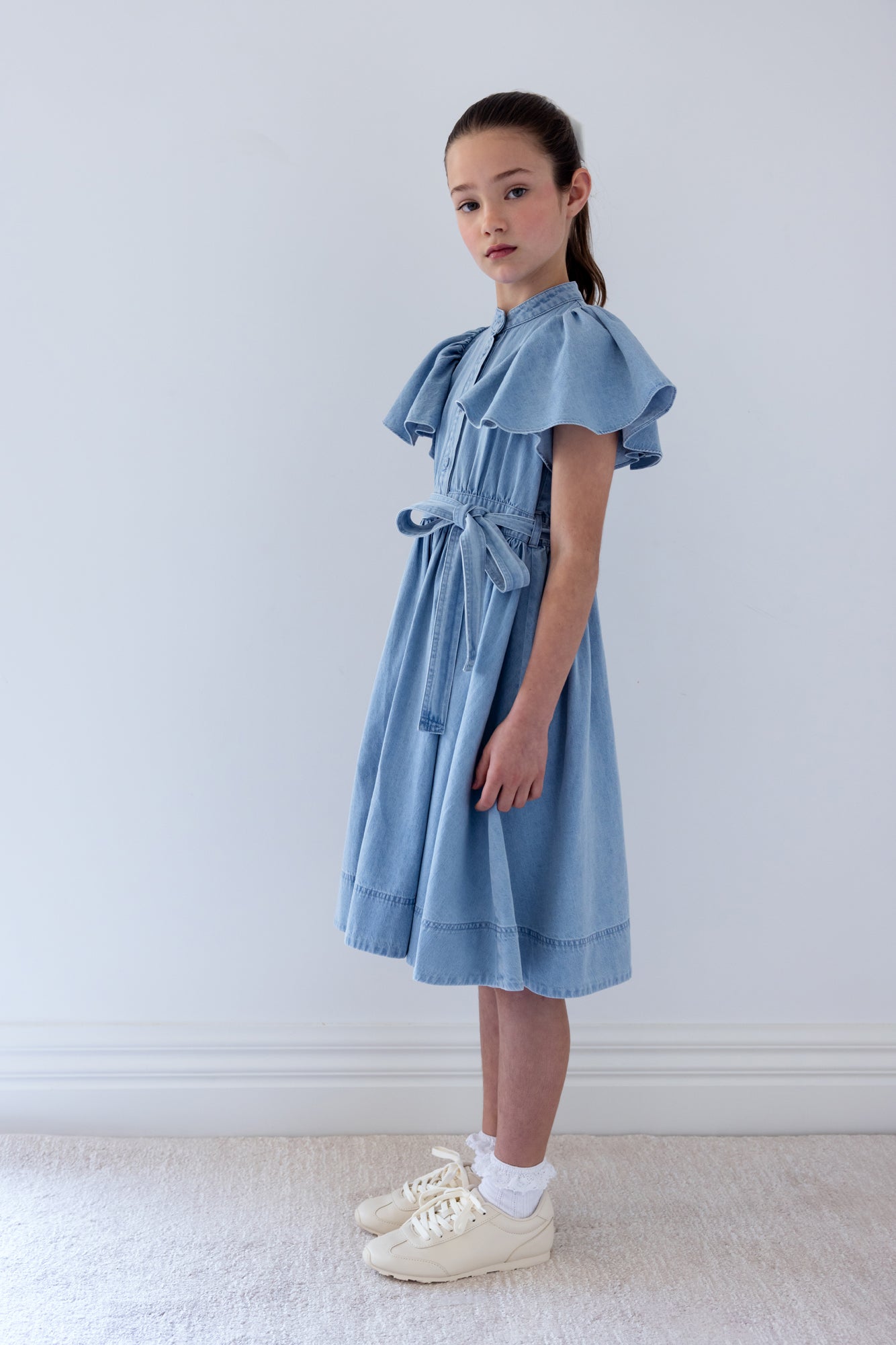 Chambray Flutter Sleeve Shirt Dress