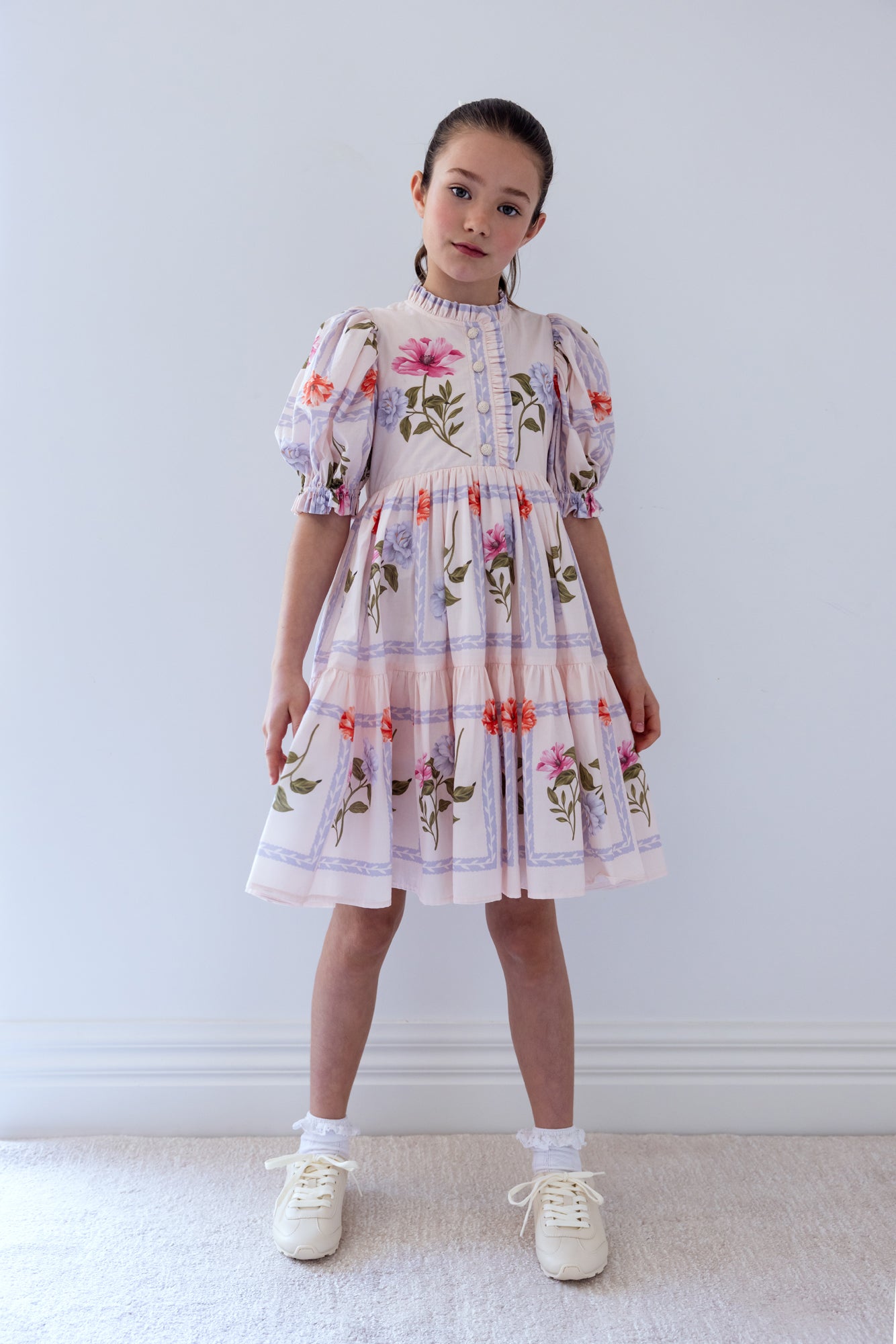 Elbow Sleeve Flower Grid Print Voile Dress