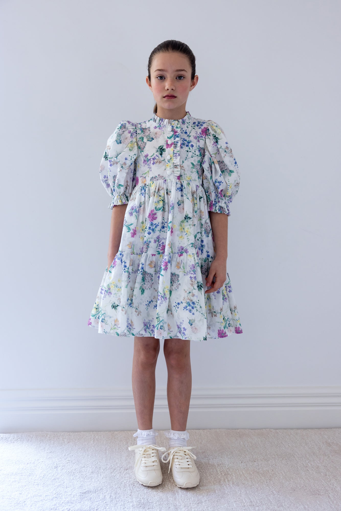 Elbow Sleeve Garden Print Voile Dress