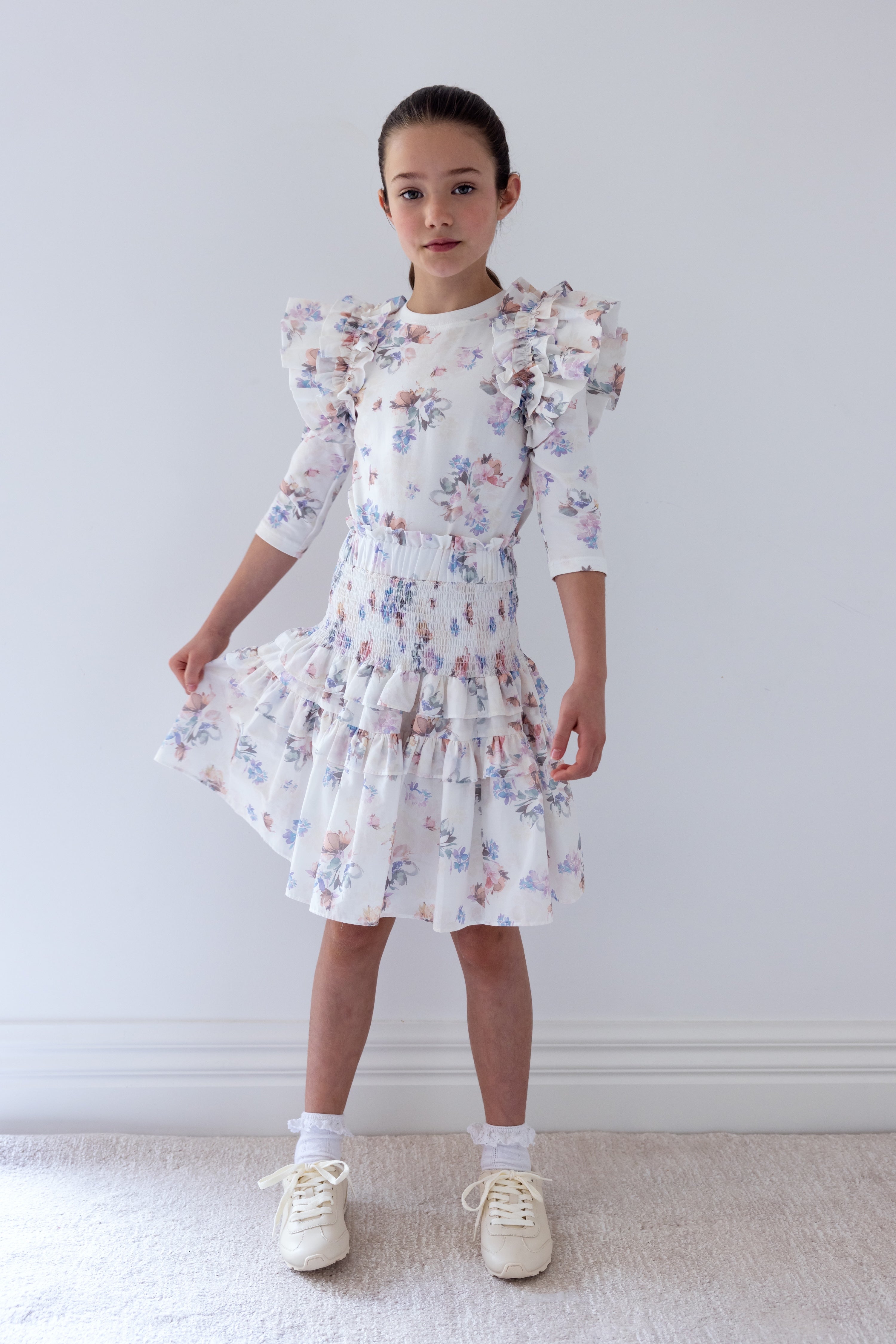 Elbow Sleeve Flutter Floral Print T-Shirt